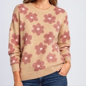 NWT Boutique Threaded Leaf Floral Large Sweater - Tan and Rose